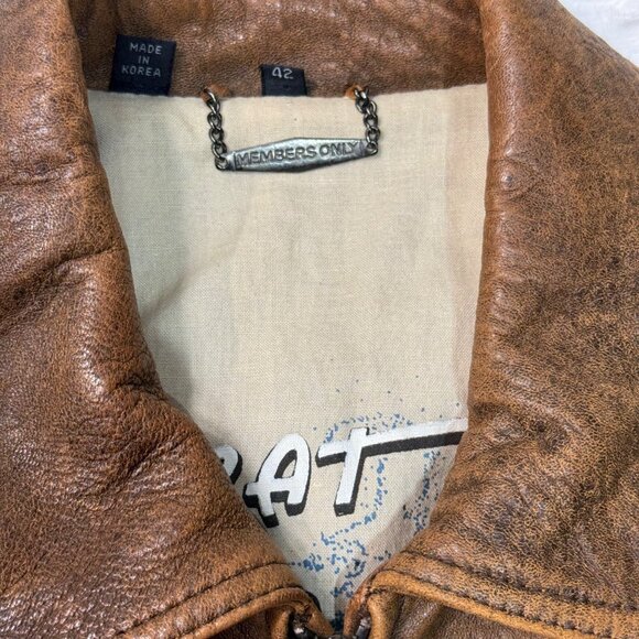 VTG Members Only 90s Brown Distressed Leather Bomber Flight Jacket Mens 42/Large - Picture 4 of 11